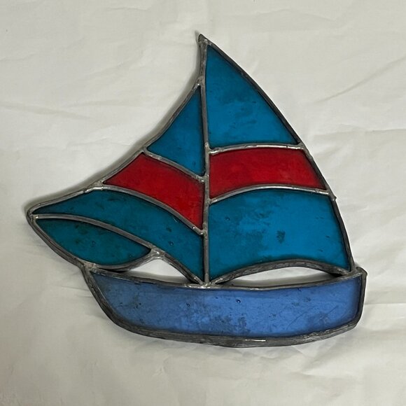 Stained Glass Sailboat Red Blue 6" x 7" Sun Catcher - Picture 1 of 3